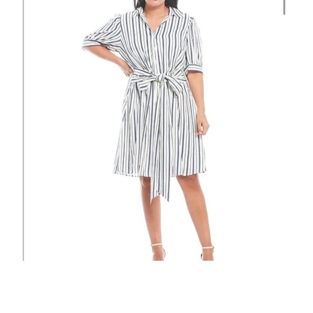 Alex Marie Whitney Shirt Dress Striped Linen Blend Tie Waist 22W‎ White Denim